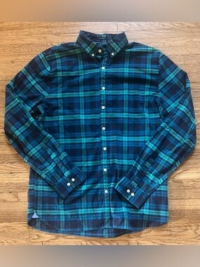 Lands End Sail Rigger Oxford Shirt Tailored Fit Blue Green Plaid L Tall